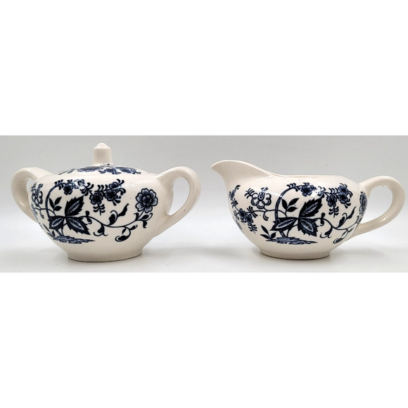 Blue Onion Creamer & Sugar Bowl Set Japan Earthenware Innerband Floral 1950 60's - Picture 3 of 6